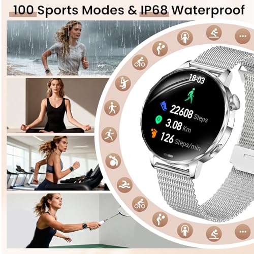 Image of Smart Watches for Women, 1.27'' Smartwatches (Answer /Make Calls) Compatible with iPhone /Android Phones, IP68 Waterproof Fitness Tracker Watch with Sleep Monitor, 100+ Sports Modes (Silver)