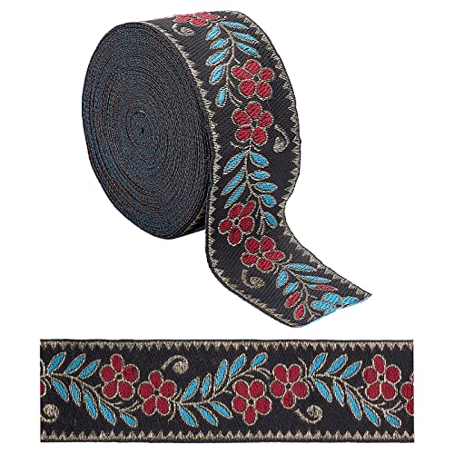 GORGECRAFT 7.65 Yard Embroidered Jacquard Ribbon 2" Width Vintage Embroidered Ribbon Floral Woven Trim Fabric for Embellishment Craft Supplies Black
