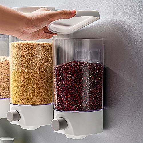 Foto von Wuudi Müsli-Spender Wandmontierter Müsli-Spender, Wandspender für Doppelkammer, luftdichter Lebensmittelbehälter, Frühstück, Haustiere, Katzenfutter, Hundefutter, Weiß Transparent, 1000 ml