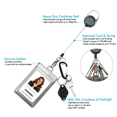 Genuine Leather Id Badge Holder Wallet With Heavy Duty Carabiner Retractable Reel, Key Ring And Metal Clip, 3 Card Pockets. Holds Multiple Cards & Keys. Bonus Key Chain Flashlight. Vertical. Silver. #TOP2