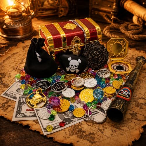 Image of CLIUNT Pirate Treasure Chest, Treasure Chest Kids with 108g Colorful Gems, 20 Pirates Coins, Eyepatch, Telescope, Compass,and Pirate Accessories for Halloween Pirate Themed Party Favors(C)
