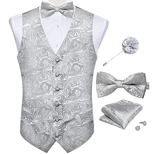Image of DiBanGu Mens Paisley Suit Waistcoat,Silk Dress Vest and Bowtie Pocket Square Cufflinks with Lapel Pin Set for Wedding Tuxedo