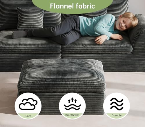 Image of 91″ Boneless Couch 3-Seater Modular Sectional Sofa with Ottoman for Living Room, L-Shape Cloud Couch with Comfy Flannel Fabric, Oversized Loveseat Recliner Lounge Chaise with 2 Throw Pillows (Grey)