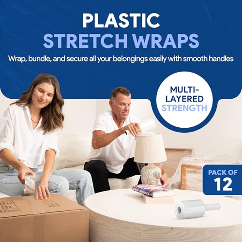 Image of International Plastics Co. 12 Pack of 5 inch Plastic Stretch Film Wrap with Handles 1000 feet Each 500% Stretch Ability