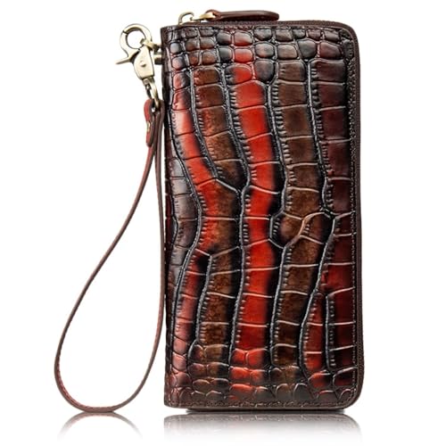 Handmade Crocodile Print Cowhide Wallet for Women, Vintage Multi-color Wristlet Clutch, Lady Zip Around Phone Purse(Black/Red)