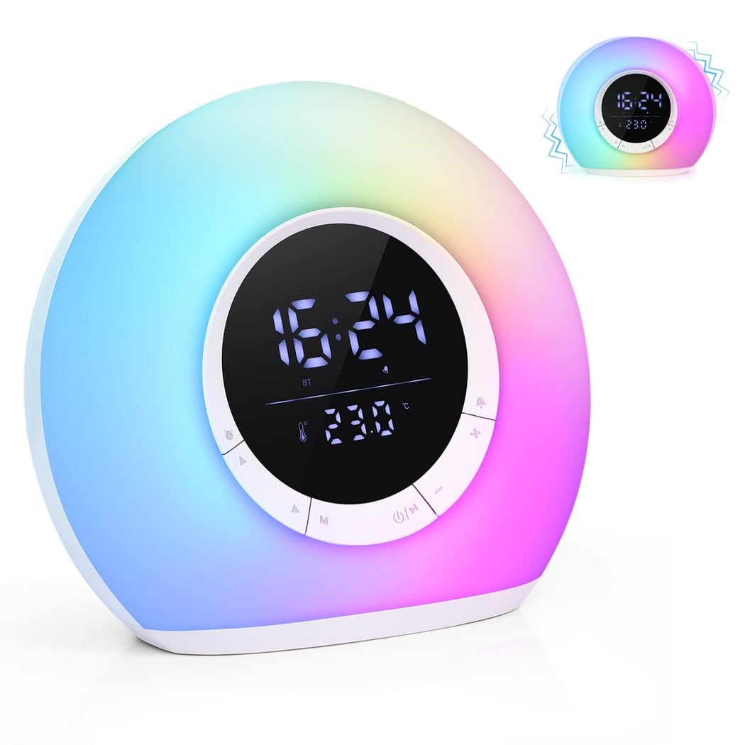 Reloj despertador para niños, con luces RGB, brillo ajustable, altavoz, pantalla LED