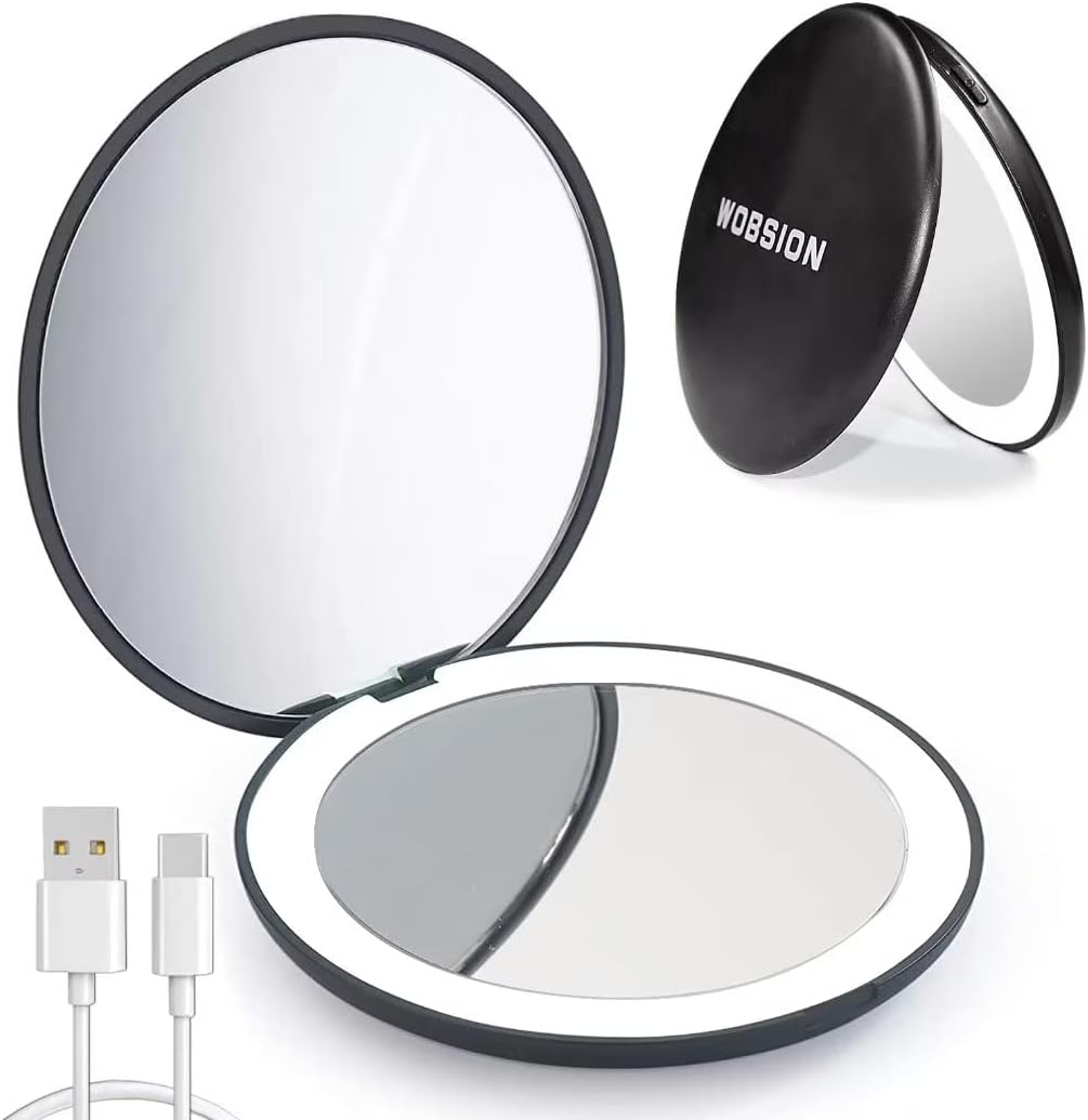 WOBSION Rechargeable Compact Mirror,1x/10x Magnification Compact Mirrors with Light,Dimmable Led Travel Makeup Mirror for Handbag,Purse,Handheld,Portable,Gifts for Girls,Black