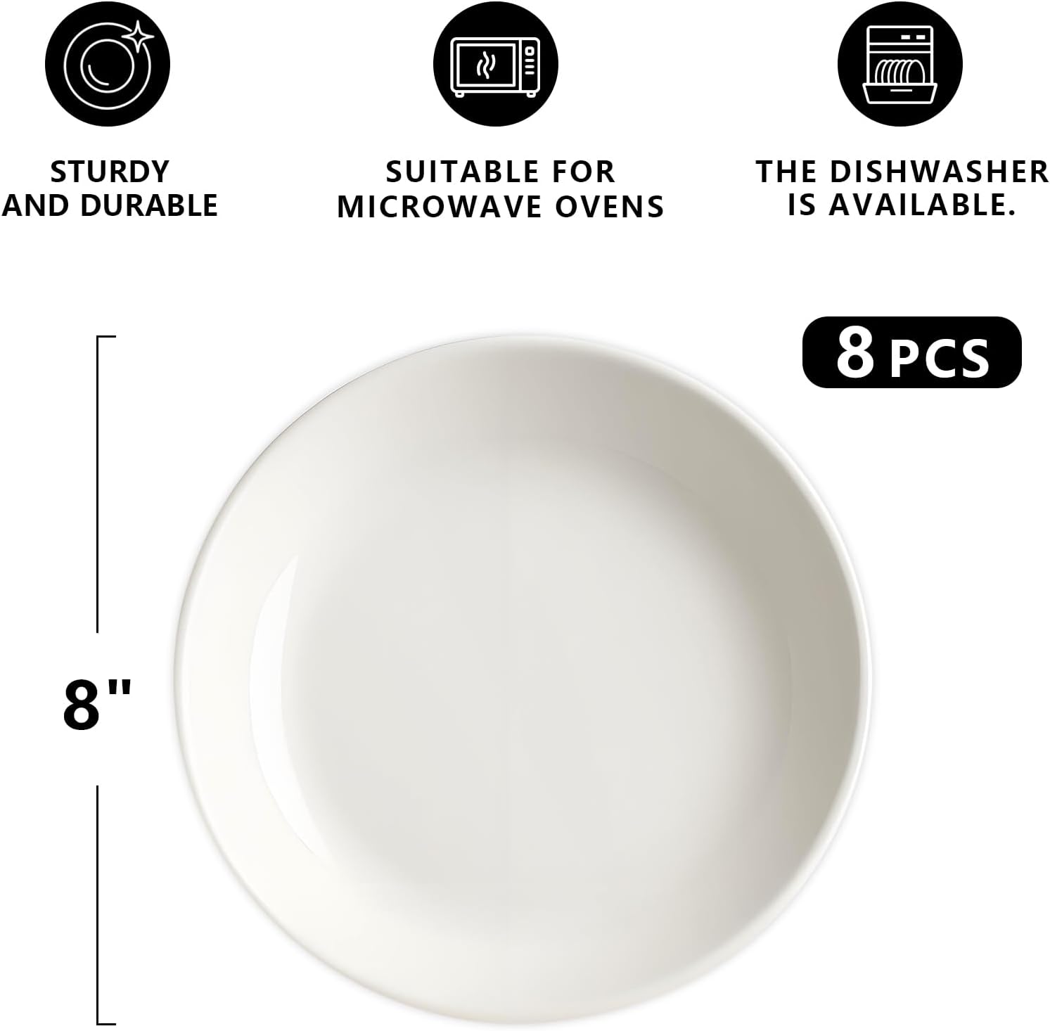 Ceramic Plates Set of 8, White Dessert Plate 8 Inch, Appetizer Plate, Dishwasher, Microwave, Oven Safe, Smooth Glaze, Scratch Resistant (8PCS)