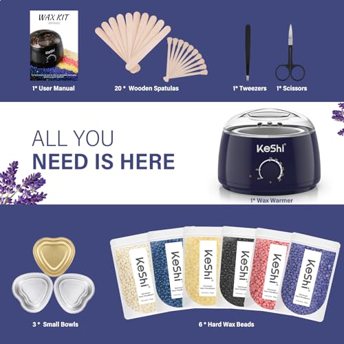 Image of KeShi Waxing Kit, Painless Hair Removal Wax Warmer with 6 Bags Hard WaxBeans for Full Body, Legs, Face, Eyebrows & Bikini- Ideal for Both Women & Men(Navy Blue)