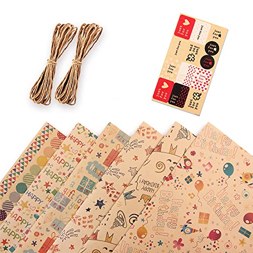 Wodasi Hoja de Papel de Regalo Kraft, Papel Regalo Cumpleaños con Pegatinas y Cuerda de Papel Vintage, 6 Hojas Papel de...