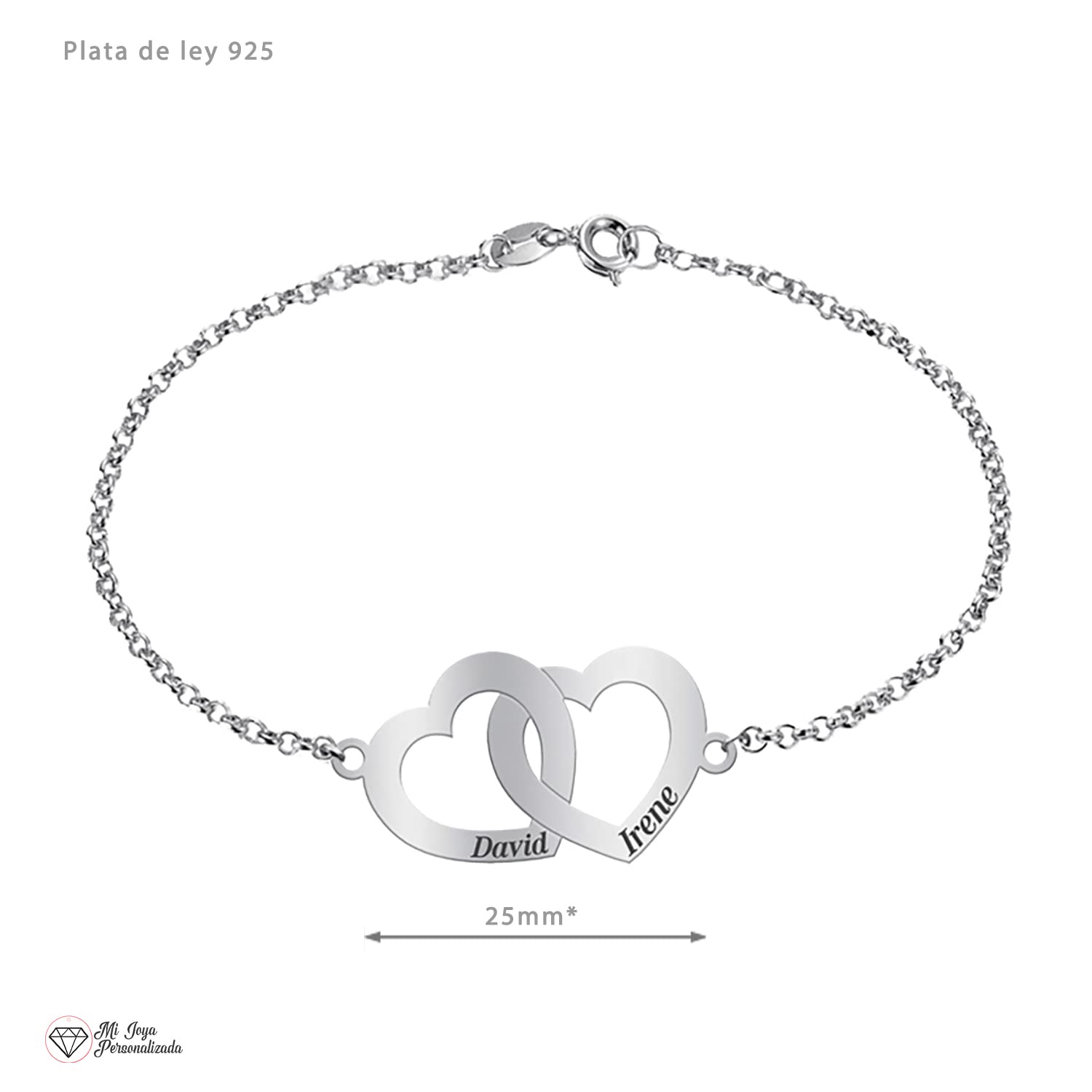 Pulsera Doble Corazón Personalizada en Plata de Ley 925 con 2 Nombres Grabados – Regalo Romántico para Pareja, Mujer o Amiga – Mi Joya Personalizada