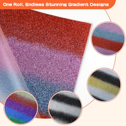 Image of guangyintong Rainbow Glitter Heat Transfer Vinyl - 12 inch x 8ft Pink Purple-Red-Blue Gradient Glitter HTV Vinyl for Shirts, Iron On Vinyl for All Cutter Machine - Easy to Cut & Weed