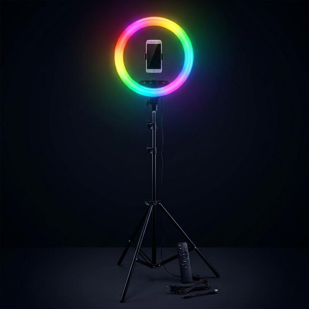 Luméon 36 cm RGB Ringlicht mit Stativ – 14 Zoll LED Fotolicht mit 39 Farben & Effekten, inkl. Fernbedienung & 2 Handyhalterungen für TikTok & YouTube
