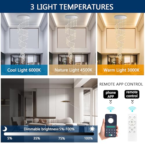 Image of 40 Lights Modern LED Crystal Chandeliers for Staircase 236'' Long High Ceiling Chandelier Dimmable Spiral Crystal Chandelier Hanging Light Fixture for Entryway Staircase Foyer Hallway
