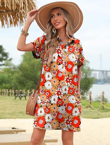 Image of HOTOUCH Womens Summer Shirt Dress 2026 Short Sleeve Floral Shift Dress Casual Loose Flowy Beach Sundress with Pockets