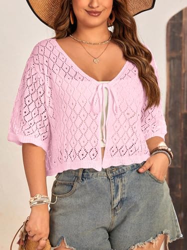 Image of Women's Plus Size Crochet Cardigan Crop Short Sleeves Tie Front Lightweight Knitwear
