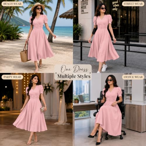 Image of Preneum Girl's & Women's Solid Color V-Neck A-Line Maxi Dress for Women | New Year Party Outfit | Waist Cinched Puff Sleeve Western | Elegant Casual Wear (Availble in Plus Size)