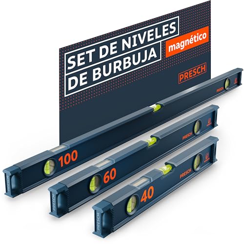 Presch Juego De Niveles Magnéticos 3 Pzs. - 40cm, 60cm Y 100cm - Ampolla Irrompible Con Pendiente 2 - Ventana De Lectura Vertical - Tapones Antideslizantes Innovadores - Niveles De Burbuja