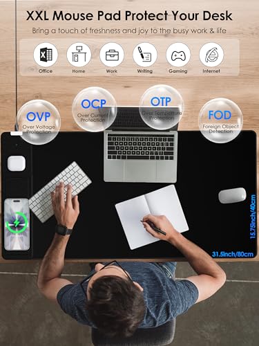 Image of Wireless Charging Mouse Pad with Foldable Phone Holder, 15W Magnetic Fast Charging for iPhone Samsung, 31.5 inchx15.75 inch Large Desk Mat for Laptop /Keyboard, Waterproof Gaming Mousepad with Non-Slip Base