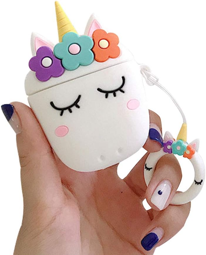 UR Sunshine AirPods Case, Super Lovely Girls Sleeping White Horse Shape Soft Silicone Case Cover Protective Skin for Apple AirPods1&2+Ring Lanyard-White