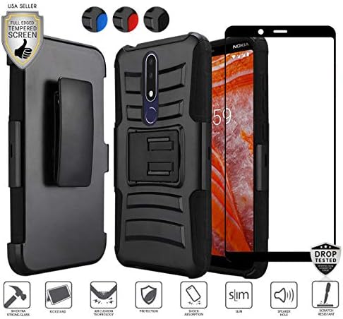Compatible for Nokia 3.1 Plus Case (Plus Version Only) with Full Edged Tempered Glass Screen Protector, Premium Holster Combo Case [Clip] with Stand [Shockproof] [Armor] [Rugged] Case (Black)