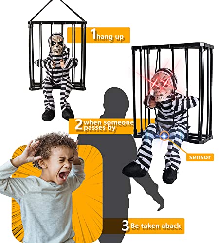 Crileal Skeleton Animated Halloween Decorations, Screaming Halloween Decor With Motion Activated & Light Sensor, Spooky Prisoner Cage With Spider Web Haunted House Decorations, Ghost With Hat #TOP3
