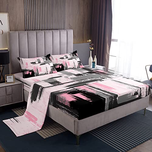 Abstract Bed Sheets Set Kids Modern Abstract Art Sheet Set Pink Black Sheets with Deep Pocket Fitted Sheet for Boys Room Decor Lightweight Retro Bedding Set Full Size with 2 Pillow Case