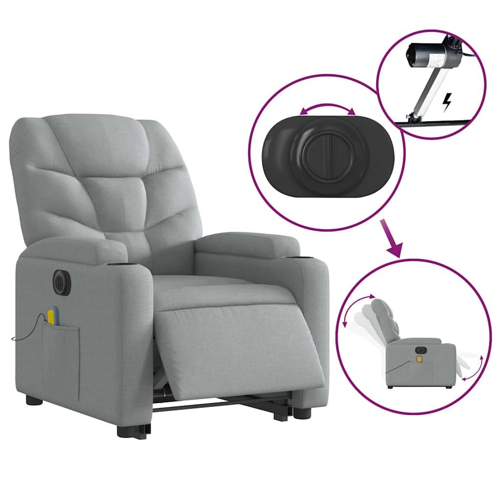 Sillón elevador eléctrico con masaje de 6 puntos y reclinación automática, gris claro de tela, función elevación y vibración, estructura estable de madera