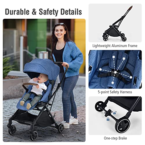 DREAMADE Kinderwagen Zusammenklappbar, Kinderbuggy mit Verstellbarem Sitz, Buggy mit Sonnen- und Regenverdeck, Sportwagen für Babys & Kinder ab Geburt bis 15KG (Blau)