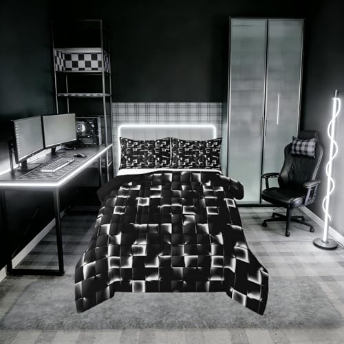 Image of Erosebridal Geometric Checkered Comforter Full Size Neon Black White Comforter Set for Kids Teen Men Gamer Room Decor,Abstract Ombre Plaid Bedding Set Grids Quilt Duvet
