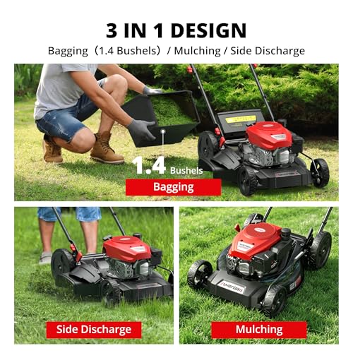 Image of 21 inch Gas Push Lawn Mower, Rugged Steel Deck, 3-in-1 Versatile Mower, 144cc OHV Engine, 6-Level Height Adjustment, Large Grass Collector, Easy Maneuverability for Home & Garden