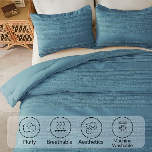 Image of BEDELITE Boho King Size Comforter Set - Dusty Blue Tufted Striped Bed Set 3 Pieces, Soft Vintage Farmhouse Comforter for All Seasons, Boho Home Decor,Fluffy Jacquard Bedding with Pillow Sham