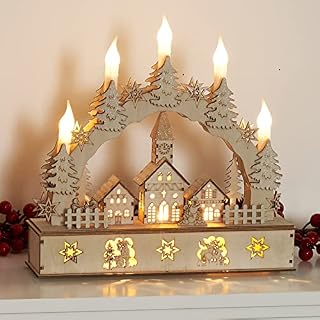 GloBrite Wooden Illuminated Candle Bridge / 5 Warm White Candles / Indoor Christmas Decoration / Battery Operated / 32cm x 30cm x 10cm