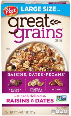 Great Grains Raisins Dates and Pecans Breakfast Cereal, Raisin Cereal with Sweet Dates and Granola Clusters, Non-GMO Project Verified, 16 OZ Box