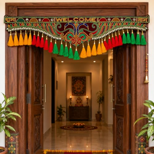 Image of ONESTA Welcome Shubh Labh Door Toran for Main Door | Traditional Handmade Decorative Bandarwal with Colorful Tassels & Embroidery | Door Hanging for Diwali Navratri Wedding Housewarming & Pooja Decor 3 Feet (Size 36 Inch Pack 01)