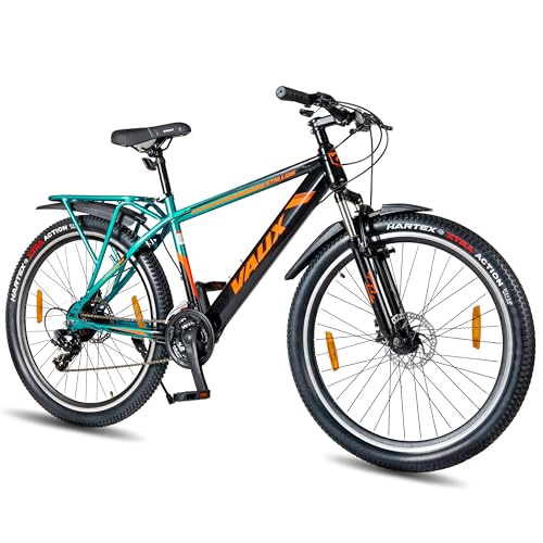 Image of Vaux Stallion-Pro 27.5T Gear Cycle for Men with Carrier, 27.5inch MTB with 21 Speed Shimano Gears, Front Suspension, Dual Disc Brakes, 18 inch Hi-Ten Steel Frame, Double Wall Alloy Rims(Green-Black)