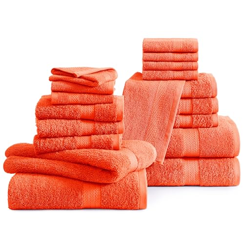 LANE LINEN 100% Ring Spun Cotton Luxury Bath Towel Set, 18 PCs - 4 Bath Towels, 8 Washcloths, 6 Hand Towels for Bathroom - Sustainably Produced & Pet Friendly, Oeko-Tex Certified - Tiger Lily