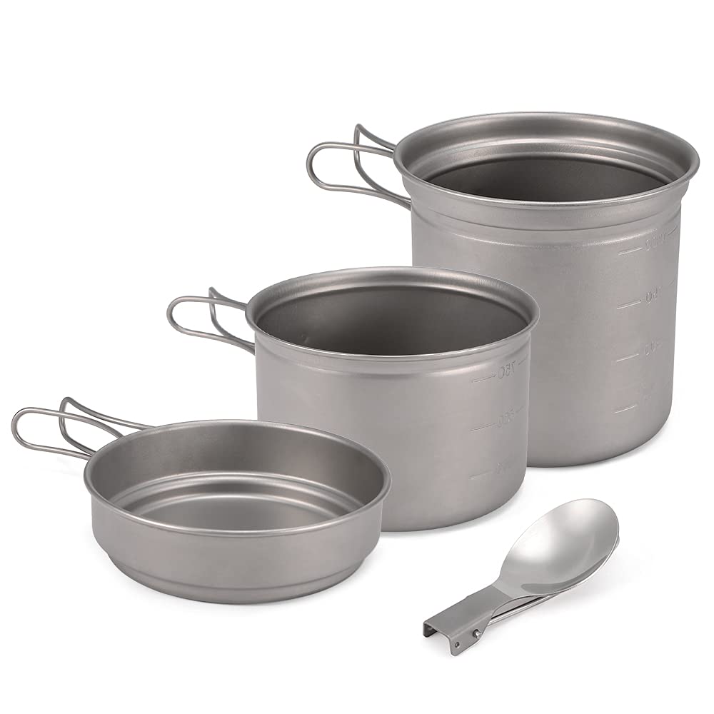 Cocoarm Camping-Titan-Kochgeschirr-Set, Leichtes Titan-Camping-Kochgeschirr, 1000 Ml Topf, 750 Ml Topf, Pfanne, Löffel für Outdoor-Wanderungen, Rucksackreisen
