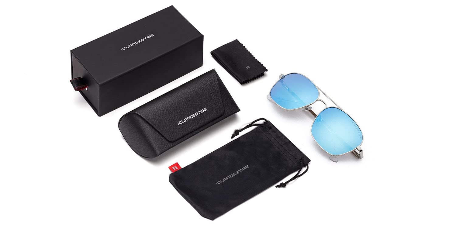 CLANDESTINE - Sonnenbrille B-Pilot 18 Silver Ice Blue - Blaue HD Nylon Gläser und Edelstahlrahmen - Sonnenbrille für Männer und Damen - Mit Smart Vision Technology - Bessere Sicht, Geringere Blendung