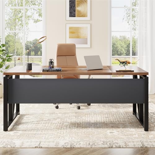 Tribesigns 63 inches Computer Desk with Bottom Storage Shelf Home Office Desk Writing Table for Workstation, Dark Walnut + Steel Leg, Cabinet not Included (Walnul, 63-inch-with Shelf)