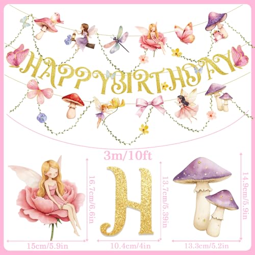 Image of SUNBEAUTY Fairy Birthday Party Banner Fairy Party Decorations Fairy First Birthday Party Decorations for Girls Women Flower Mushroom Garland Leaf Vine String for Baby Shower Wonderland Spring Summer Garden Tea Party