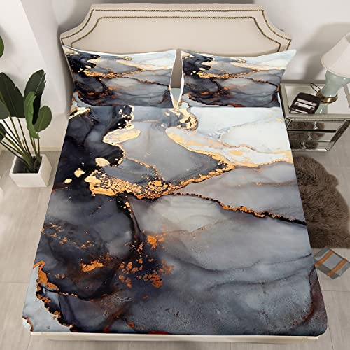 Marble Bedding Sets,Black Golden Pastel Fitted Sheet, Marble Abstract Art Design Girls Soft Fitted Bed Sheets, Bronzing Decor Luxury Bedding Collection,Not Include Flat/Top Sheet, Full Size