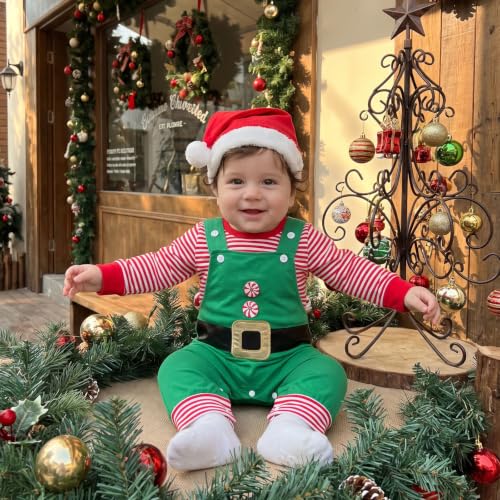Image of Baby Boy Christmas Outfit Elf Newborn Romper Pants Set With Hat | Long Sleeve Bodysuit, Striped Romper Overalls Set, Baby Boy Elf Outfit, Fall Winter Clothes With Hat, My First Christmas.