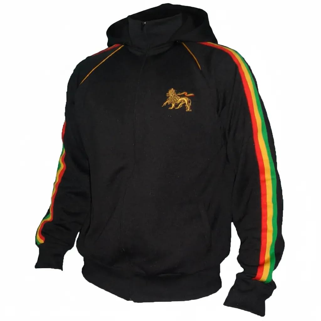 CRAZY LIZARD Rasta Reggae Zip Hoodie in Rastafarian Stripes and Etiopian Lion Embroidery. Black Hoodie with Stripes Reggae Colors