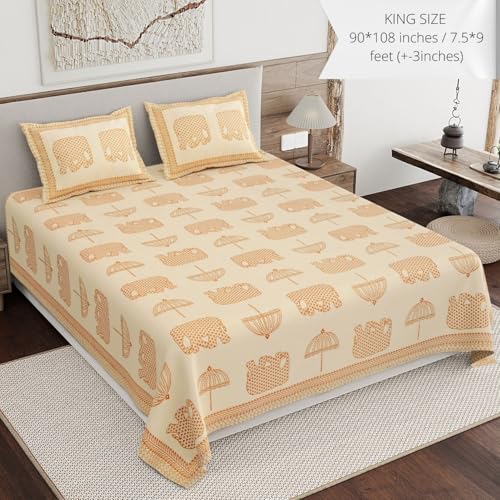 Image of Living Roots Ethnic Jaipur Block Print Double Cotton Bedsheet & 2 Pillow Covers, for Mattress Upto 6 inches Thick, No Colour Bleeding, Orange Colour, King Size 90 * 108 inches, 120TC (601-A)