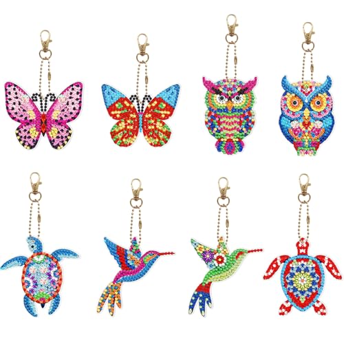 GIEEU Diamond Painting Porte-Clés,8Pcs Broderie Diamant Art Craft Animal Design, Diamond Painting Kit, Oiseau, Hibou, Tortue Et Papillon Inclus
