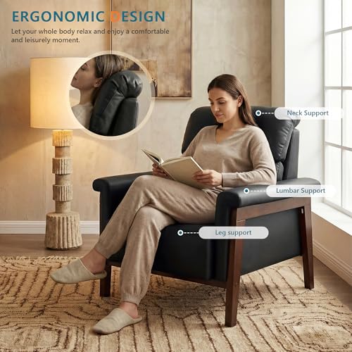 Image of STHOUYN Oversized Leather Accent Chair, Mid Century Modern Office Arm Chair with Solid Wood Legs & High Backrest, Comfy Upholstered Side Sofa Chair for Living Room, Waiting Room, Bedroom (1, Black)