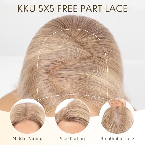 Image of KKU 5x5 Lace Front Human Hair Wig,Real Hair Wigs for Women,Glueless,Non-Slip Silicone Pads and Skin-Friendly Cap(16 Inch, Ash Blonde)