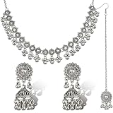 Quelay 3 Pcs Indian Jewelry Set for Women Indian Traditional Statement Choker Necklace Earrings Forehead Jewelry Gifts Rhinestone Maang Tikka Bridal Wedding Prom Set, 0.94 x 1.45 inches, alloys and