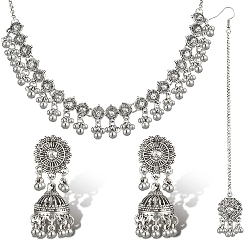 Quelay 3 Pcs Indian Jewelry Set for Women Indian Traditional Statement Choker Necklace Earrings Forehead Jewelry Gifts Rhinestone Maang Tikka Bridal Wedding Prom Set, 0.94 x 1.45 inches, alloys and